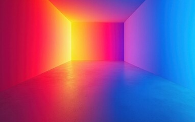 Fototapeta premium A vibrant, abstract interior space with colorful gradient walls, blending warm and cool tones, creating a serene and modern atmosphere.