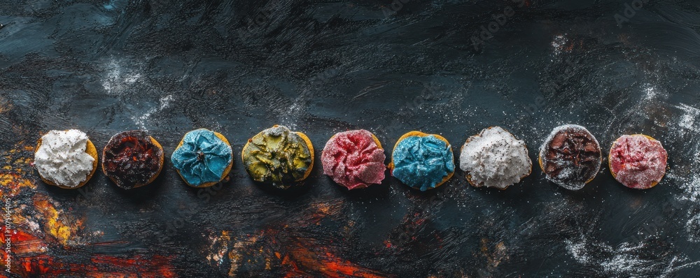 Poster a colorful array of donuts topped with various frostings on a textured surface.