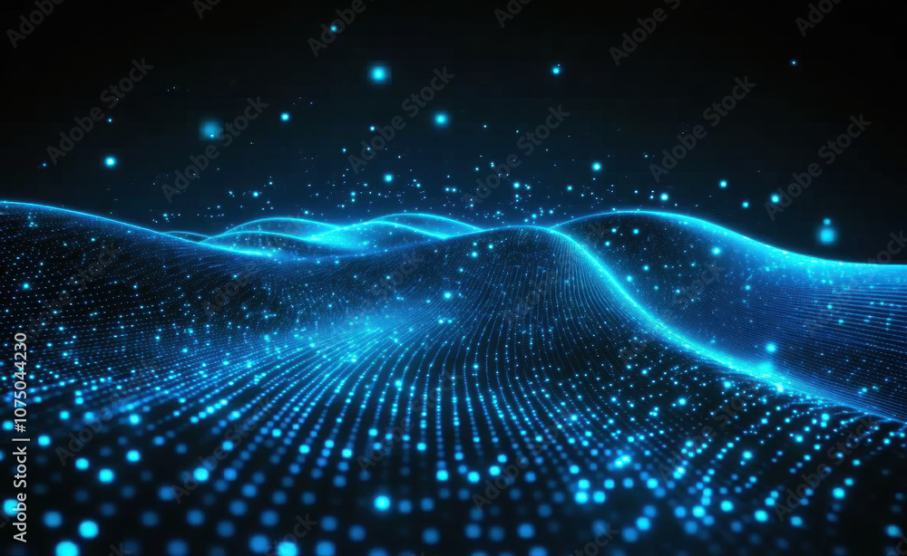 Poster abstract blue glowing digital particles background with a network connection and data transfer conce