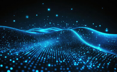 Abstract blue glowing digital particles background with a network connection and data transfer concept. 