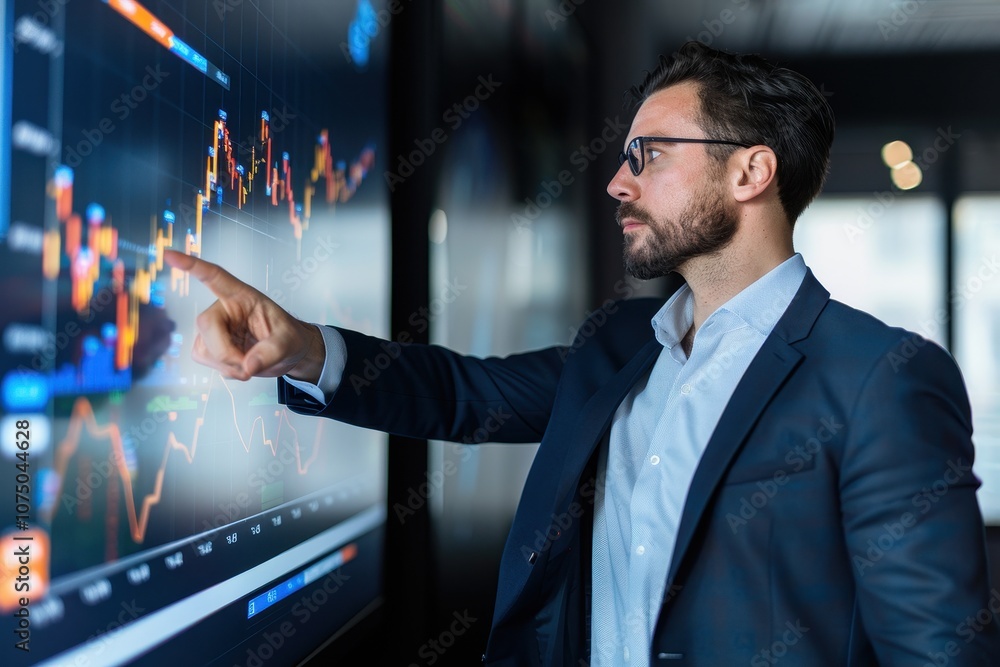 Poster financial analyst in a suit interacting with a large display screen showing stock market data and gr