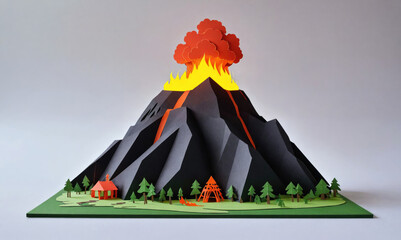 A paper model of a volcano erupting with red lava flows and a smoke plume, surrounded by a green forest and a small house
