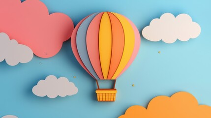 Colorful paper hot air balloon decoration against a pastel sky, creating a whimsical and cheerful atmosphere perfect for children's themes.