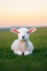 Obraz premium A cute lamb resting on green grass during sunset, showcasing its fluffy fur and gentle expression against a serene landscape.