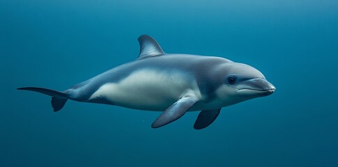 Naklejka premium A single, gray and white dolphin swims through the clear, blue water.