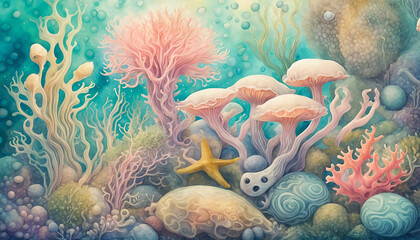 Underwater watercolor illustration featuring corals, seaweed, shells, and anemones. A vibrant ocean floor scene perfect for marine and nature-inspired designs.
