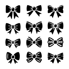 Bow silhouette icon. Bow Tie black vector icon set. Set of different black gift bow silhouette vector