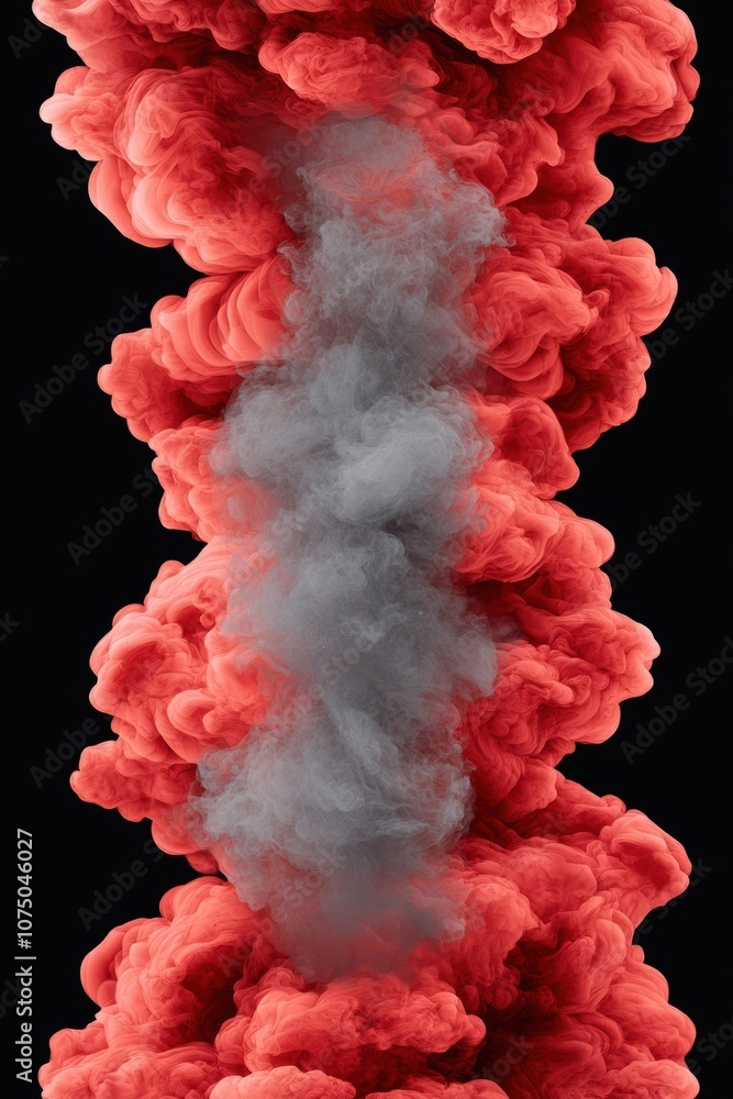 Poster dynamic visual of vibrant red smoke swirling as it merges with gray mist, creating an artistic and d