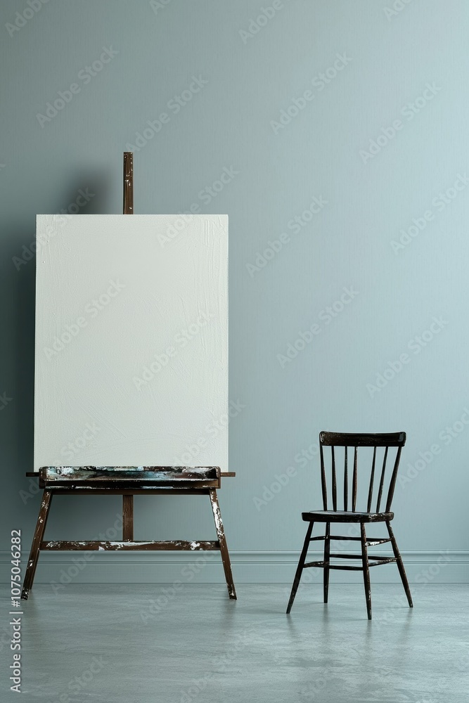 Poster an empty easel and a wooden chair against a minimalist wall, creating a serene space for creativity 