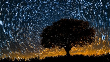 Silhouetted Tree Against a Night Sky with Star Trails