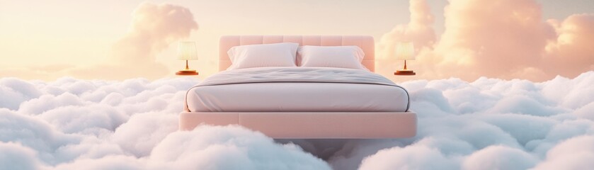 A serene bed floating among fluffy clouds at sunrise.