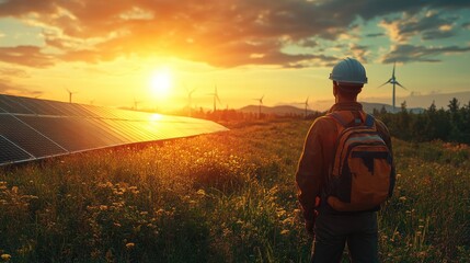 A person admires a sunset near solar panels and wind turbines.