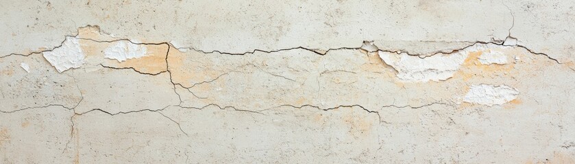Obraz premium Close-up of cracked white plaster wall texture, showcasing aged surfaces with peeling paint and rough edges, ideal for backgrounds and designs.