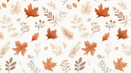 Beautiful autumn leaves and delicate plants pattern in warm tones, perfect for seasonal designs, textiles, wallpapers, and invites.