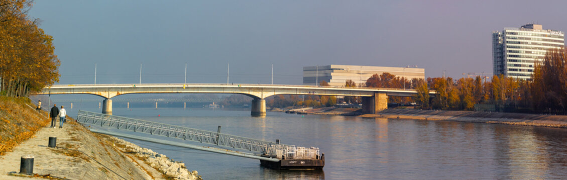 Landscape with the Arpad bridge from Budapest city - Romania. It is a famous bridge over the Danube river