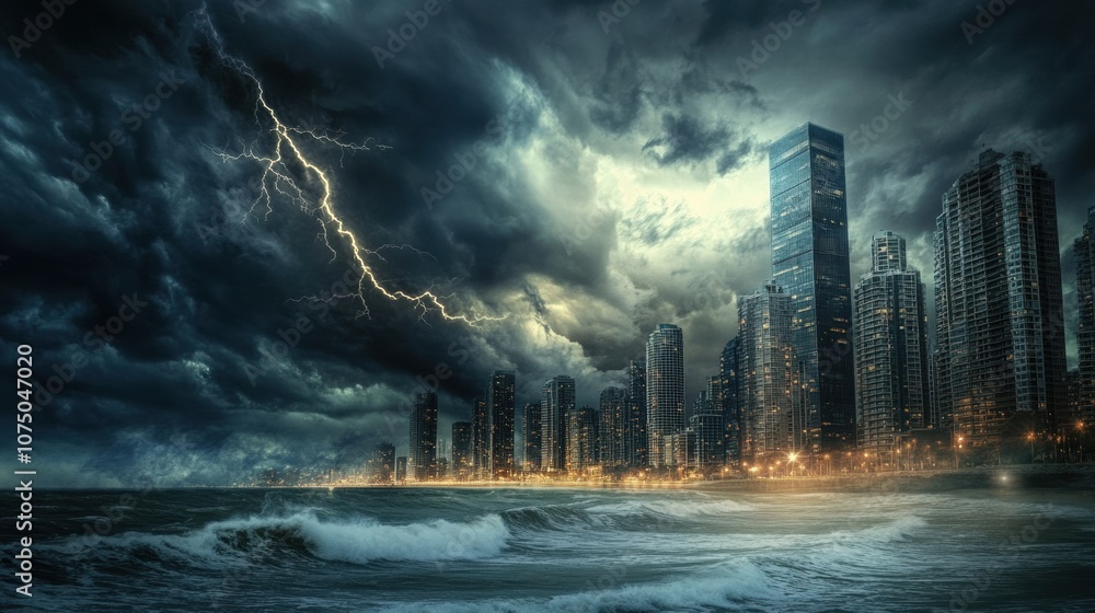 Poster dark clouds loom ominously over the coastal city, with lightning illuminating the skyline as waves c