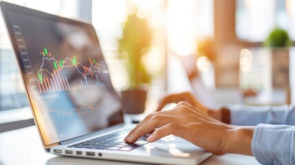 hands working on a laptop displaying stock market data and financial graphs in a bright, modern office environment, symbolizing data analysis and business strategy.