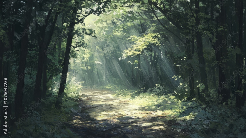 Poster sunlight streaming through forest canopy, illuminating ground with soft dappled shadows, enchanting 