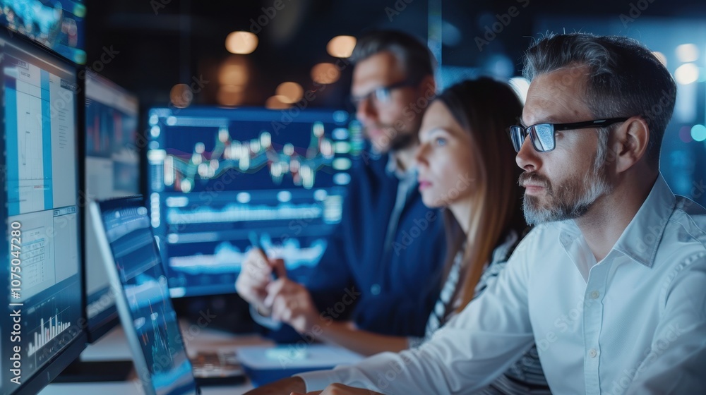 Poster a group of business professionals intensely examining financial charts and graphs on multiple comput