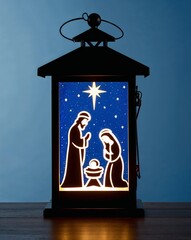 Glowing nativity lantern with holy family scene on plain blue background © Arceli