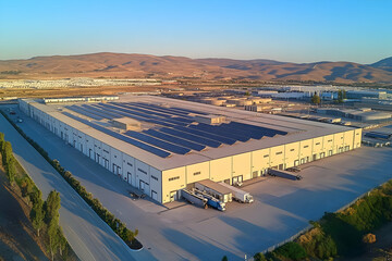 Renewable Energy - Aerial view of a large industrial warehouse with solar panels and trucks in the foreground.