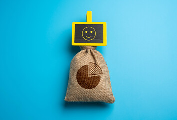 Money bag with budget and smiling smiley face. Budget surplus, balance sheet convergence. Healthy economy.