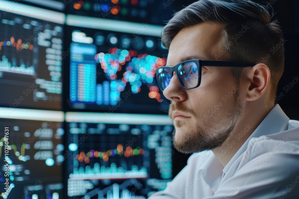 Aufkleber focused financial analyst monitoring stock market data on multiple screens in a modern office settin