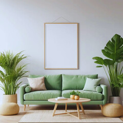 Mock up frame in home interior background, beige room with minimal decor, 3d render.
