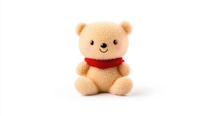A cute, fluffy teddy bear wearing a red scarf, perfect for children's toys, gifts, and decorations. Ideal for capturing joy and innocence.
