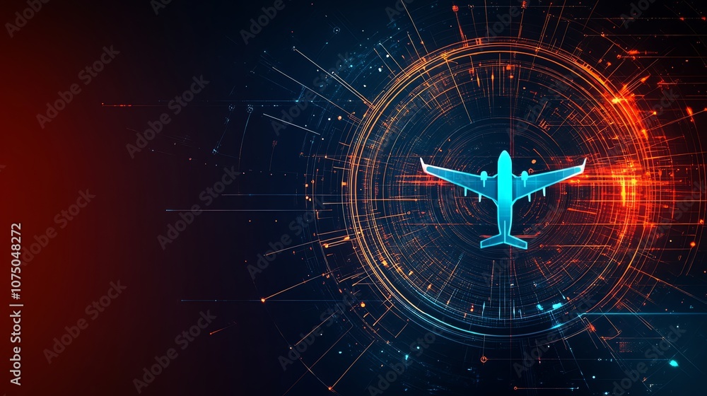 Poster a futuristic digital illustration of a plane surrounded by a circular, glowing abstract design with 