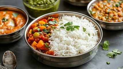 Delicious Indian Meal with Rice, Vegetables, and Chutney. AI generated illustration