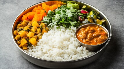 Delicious Indian Meal with Rice, Vegetables, and Chutney. AI generated illustration
