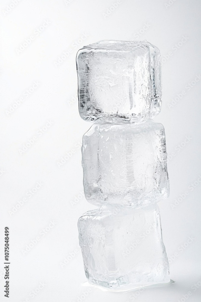 Poster three clear ice cubes stacked on a minimalistic background, showcasing their transparency and unique