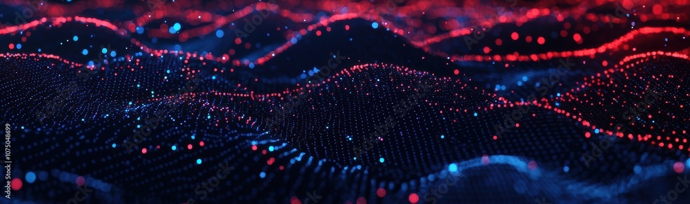 Poster abstract digital landscape with vibrant red and blue dots creating a dynamic wave pattern, ideal for