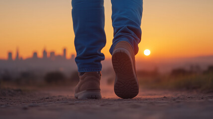 person walking on dirt path at sunset, with city skyline in background. warm colors of sunset create serene atmosphere.