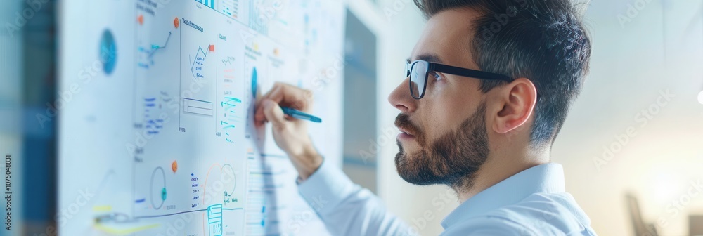 Poster close-up of a businessman with glasses studying and marking charts and graphs on a whiteboard, focus