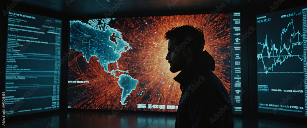 Poster the global network: a lone, shadowy figure stands silhouetted against a wall of digital screens, eac