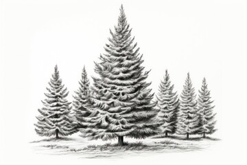 Fototapeta premium Fir tree sketch bw drawing plant white.