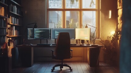 Fototapeta premium Cozy home office setup with multiple monitors and coding on screen