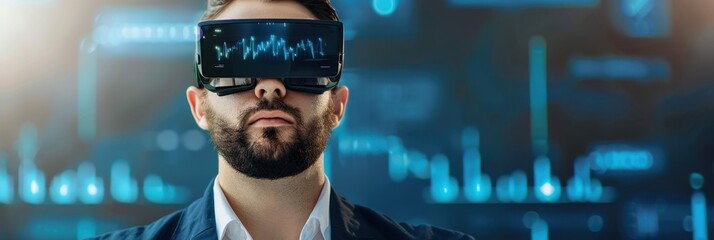 Man using virtual reality headset with stock market data overlay for immersive financial analysis
