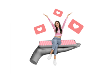 Collage photo of young funny excited positive girlish woman wear striped top sitting abstract phone blogger popular likes isolated on doodle cyan color background