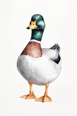 Obraz premium A vibrant watercolor illustration of a mallard duck, showcasing its distinctive plumage and charming posture. Ideal for nature-themed designs.