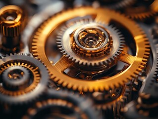 A macro photograph of intricate clock gears and cogs interlocking together. The metallic textures are highlighted in antique gold and bronze tones, showcasing the craftsmanship.