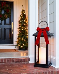Fototapeta premium Holiday gift box lantern with bow softly illuminating a darkened entryway