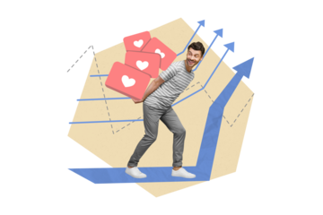 Collage photo of young attractive positive guy student successful career marketer blogger pick likes popularity graphic arrows up isolated on beige color background