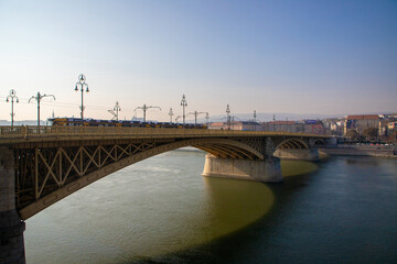 Landscape with the Margaret Bridge (Margit hid) from the city of Budapest - Hungary