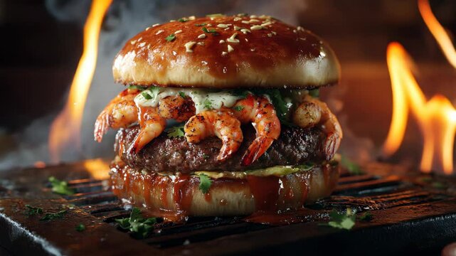 A burger with shrimp on it is on a grill