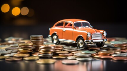 A piggy bank with coins and a car model, symbolizing saving for a major purchase