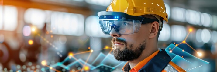 Industrial worker using augmented reality glasses for data visualization in a manufacturing facility