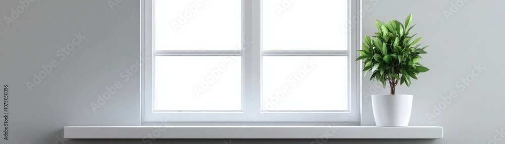 Poster bright room featuring a minimalist window with a sleek shelf and a potted plant, creating a fresh an